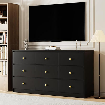 9 Drawer Dresser for Bedroom, 59" Wide Black Chest of Drawers, Wooden Dresser with 9 Drawers with Ample Storage, Modern Storage Organizer for Hallway,Nursery