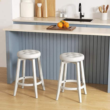COSTWAY 360° Swivel Bar Stools Set of 2, 26-inch Height Vintage Upholstered Rubberwood Backless Bar Chairs with Footrest, Retro Kitchen Counter Stools for Kitchen Island Dining Room Home Bar, White