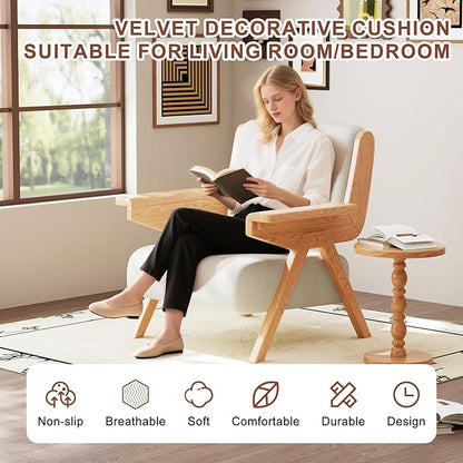 Mid Century Modern Accent Chair, Fabric Upholstered Lounge Arm Chair with Solid Wood Frame for Living Room, Bedroom, Office, Reading Corner (White, Single Chair)