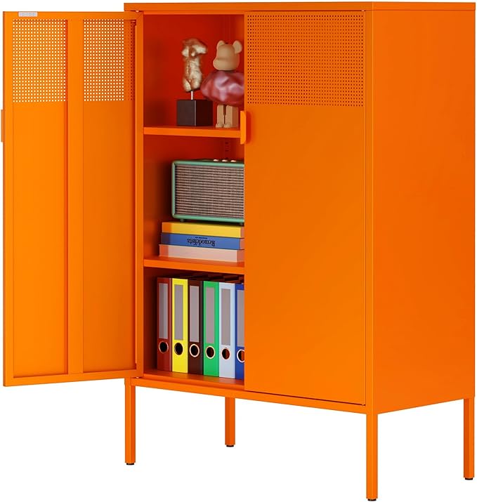 Orange 3 Tier Metal Storage Cabinet with Legs, 2 Door Metal Locker Style Accent Storage Cabinet with 2 Adjustable Shelves for Home, Office, Entryway and Hallway