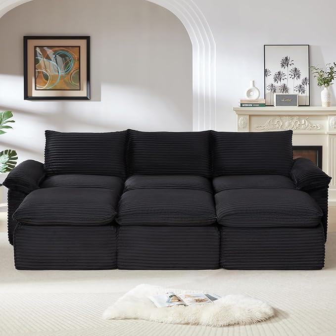 141.74" Sectional Couches for Living Room Modern Modular Sofa with U-Shape Couchs Upholstered Corduroy Boneless Couch Deep Seat Cloud Couch with Ottoman, No Assembly Required, Black