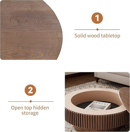 31.5'' Round Coffee Table for Living Room, Fluted Coffee Table with Hidden Storage, Solid Wood Veneered Circle Table, Modern Tea Table for Small Space Apartment (Walnut-31.5''D×14''H)