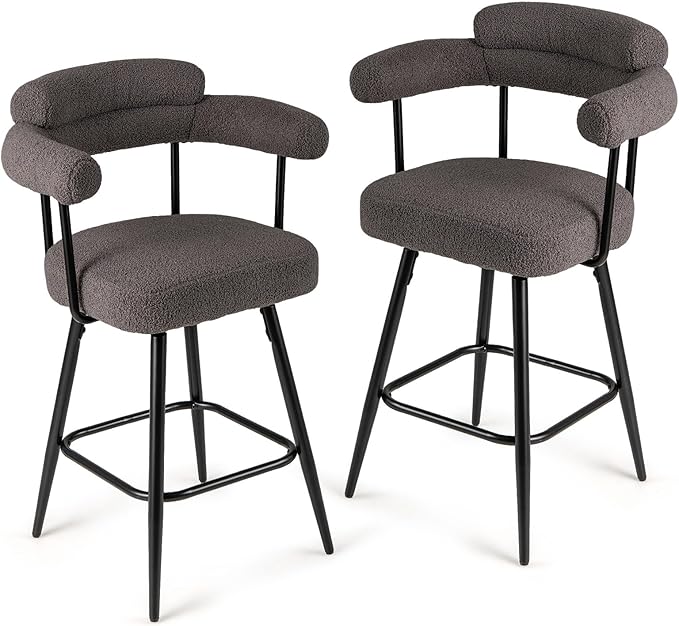 COSTWAY Counter Height Bar Stools Set of 2, 27" Swivel Modern Upholstered Counter Chairs with Boucle Fabric, Curved Backrests & Metal Legs, for Kitchen Island, Home (2, Grey + Black)