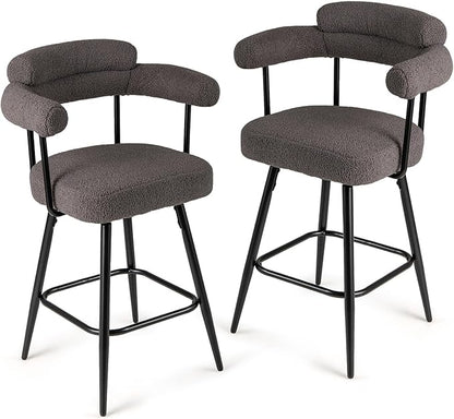 COSTWAY Counter Height Bar Stools Set of 2, 27" Swivel Modern Upholstered Counter Chairs with Boucle Fabric, Curved Backrests & Metal Legs, for Kitchen Island, Home (2, Grey + Black)