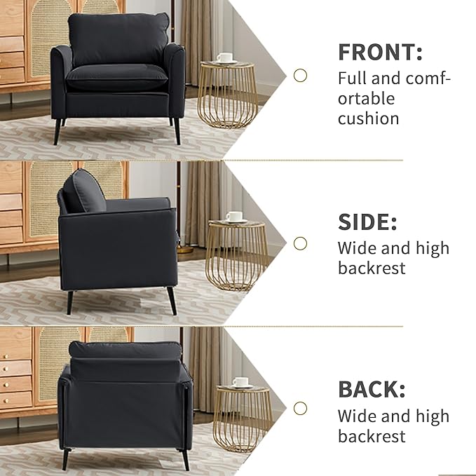 YISHENG Mid-Century Modern Living Room Accent Chairs Set of 2 - Oversized Faux Leather Armchairs with Removable Cushions & Metal Legs, Comfortable Sofas for Office/Lounge/Bedroom/Reception,（Black）