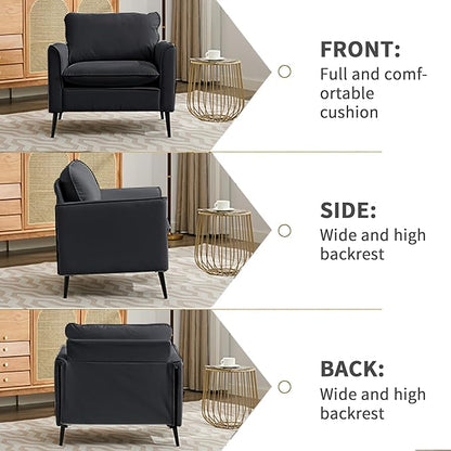 YISHENG Mid-Century Modern Living Room Accent Chairs Set of 2 - Oversized Faux Leather Armchairs with Removable Cushions & Metal Legs, Comfortable Sofas for Office/Lounge/Bedroom/Reception,（Black）