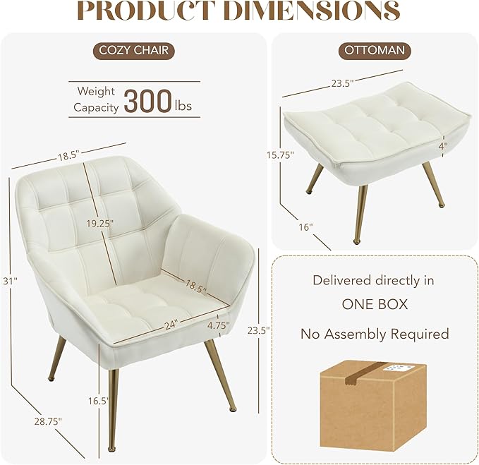 Small Accent Chair with Ottoman, Velvet Upholstered Lounge Chair with Footrest, Comfy Reading Armchair with Gold Legs for Living Room Bedroom, Beige
