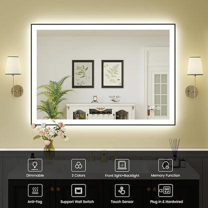 WTTY 40"X30" LED Bathroom Mirror with Black Frame, Bathroom Vanity Mirror with Lights for Wall, Front Light and Backlit, Anti-Fog, Dimmable, 3 Colors, Shatterproof, Memory, Horizontal/Vertical