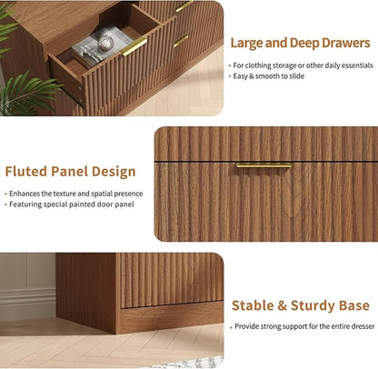 Fluted Dresser for Bedroom with 9 Drawer, 63” Wide Wooden Dresser Mid Century Chest of Drawers with Handle, Dressers TV Stand Storage Organizer for Bedroom, Living Room, Natural Wood