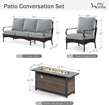 Patio Furniture Set with 56" Fire Pit Table, Premium Outdoor Wicker Metal Frame Furniture with Upgraded Waterproof Thick Cushions for Porch, Poolside, Deck, and Yard （4 Pieces,Grey