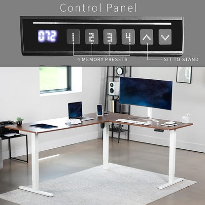 VIVO Corner Standing Desk, 75 x 63 inch Reversible L-Shaped Workstation, Electric Height Adjustment, Home, Office, and Reception Rooms, Dark Walnut Table Top White Frame, DESK-E3CTWD-75