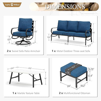 Sophia & William Patio Furniture Sets 6 Pcs Outdoor Conversation Set for 7,2 x Cushioned Swivel Sofa Chairs,1 x 3-Seat Sofa,2 Ottomans, Marbling Metal Coffee Table Backyard Poolside Peacock Blue