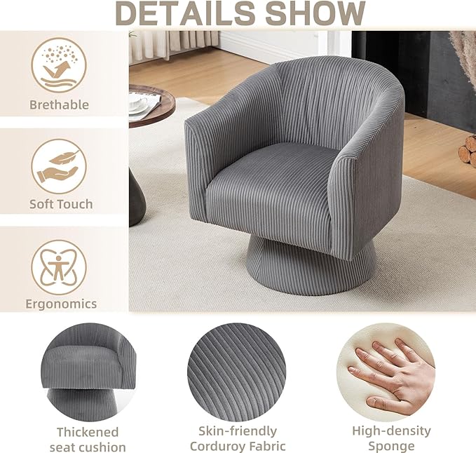 Swivel Accent Chair, Modern 360° Swivel Barrel Chair, Corduroy Upholstered Single Sofa for Living Room, Bedroom(Gray)