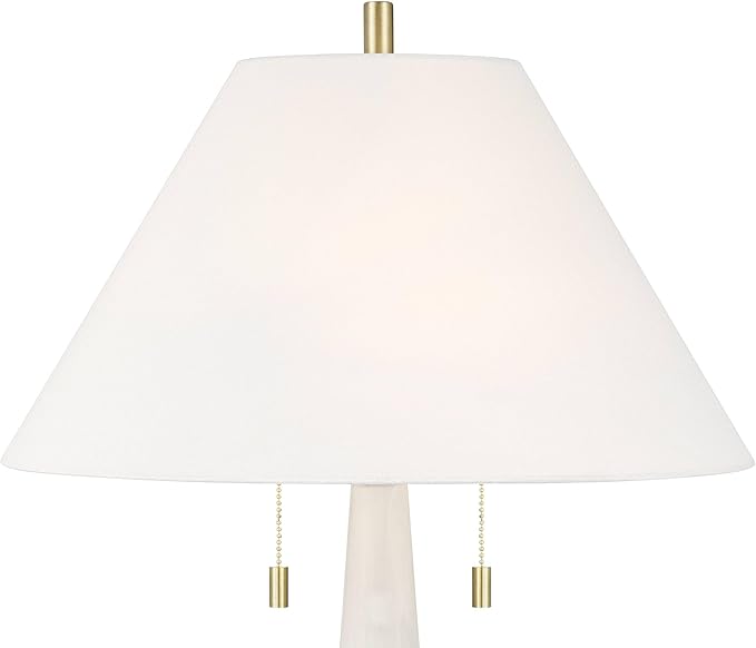 Possini Euro Design Regina 33" Tall Large Modern Glam End Table Lamp 2-Light Pull Chain White Finish Glass Single Fabric White Shade Living Room Bedroom Bedside Nightstand House Office Home Reading