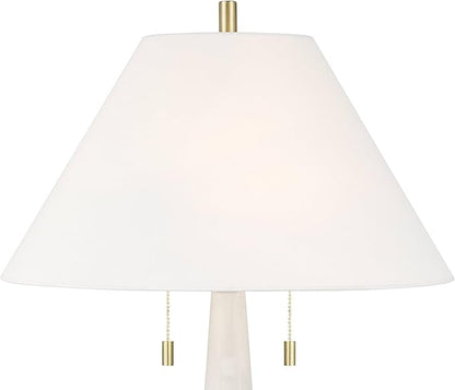 Possini Euro Design Regina 33" Tall Large Modern Glam End Table Lamp 2-Light Pull Chain White Finish Glass Single Fabric White Shade Living Room Bedroom Bedside Nightstand House Office Home Reading