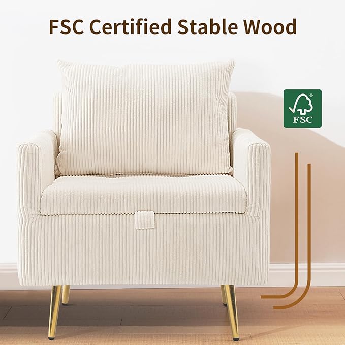 Furnimart Beige Mid-Century Modern Corduroy Storage Accent Chair with Arm, 1-Seater, Built-in Storage, Reading Chair for Bedroom, Living Room, Apartment