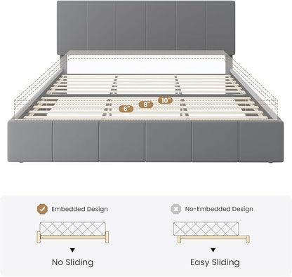 SHA CERLIN King Size Bed Frame, Velvet Upholstered Platform Bed, Vertical Channel Tufted Adjustable Headboard, Low Profile Bed Frame, No Box Spring Needed, Easy Assembly, Grey