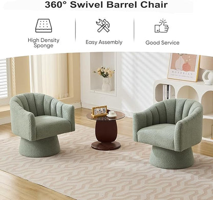 Swivel Accent Chair Set of 2, Upholstered Teddy 360° Swivel Barrel Chair for Living Room Overstuffed Bouncle Reading Chair Round Armchair for Bedroom,Vanity,Office-Green