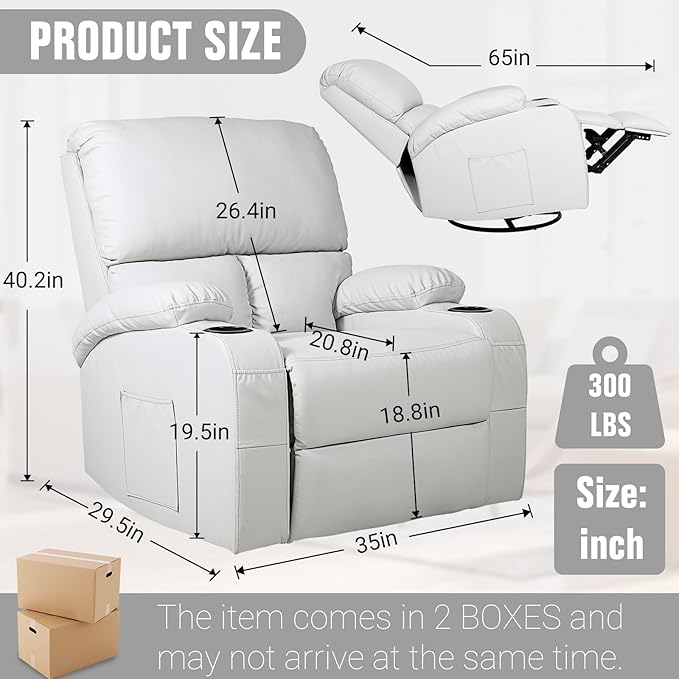 Rocking Recliner Chair, Massage Rocker Recliner Chair with Vibration Massage and Heat, 360° Swivel Recliner Chairs, Living Room, Bedroom, Nursery, RV, Grey