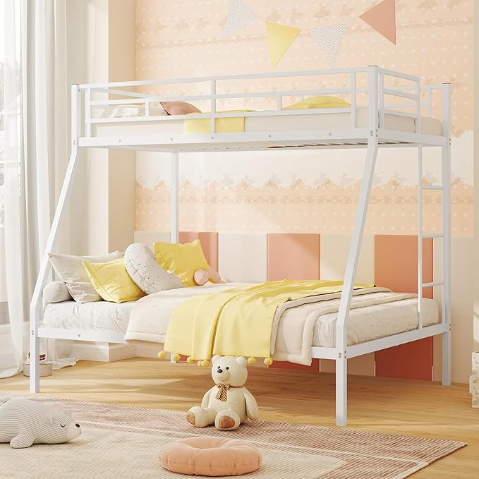 Giantex Metal Bunk Beds Twin Over Full Size, Heavy Duty Loft Bunk Bed with Ladder & Guardrail, Space Saving Bunk Bed for Dorm Apartment, Teens & Adults, Noise-Free, No Box Spring Needed, White