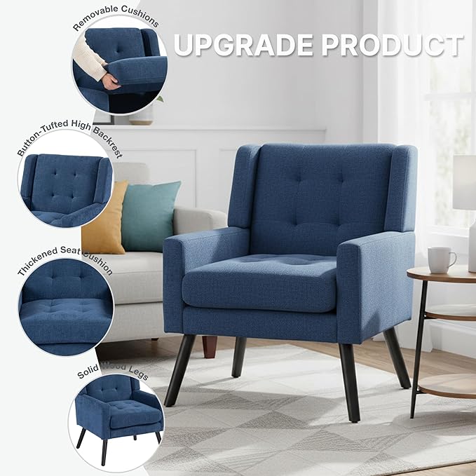 Mid-Century Modern Accent Chair Set of 2, Plush Linen Fabric with Button Tufted High Back & 5" Thick Cushion, High Comfort Reading Chair for Living Room, Bedroom, Office (Blue)