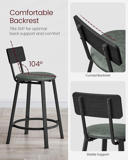 VASAGLE Bar Stools, Set of 2 PU Upholstered Breakfast Stools, 29.7-Inch Barstools with Back and Footrest, Simple Assembly, for Dining Room Kitchen Counter, Classic Black and Forest Green ULBC059C01