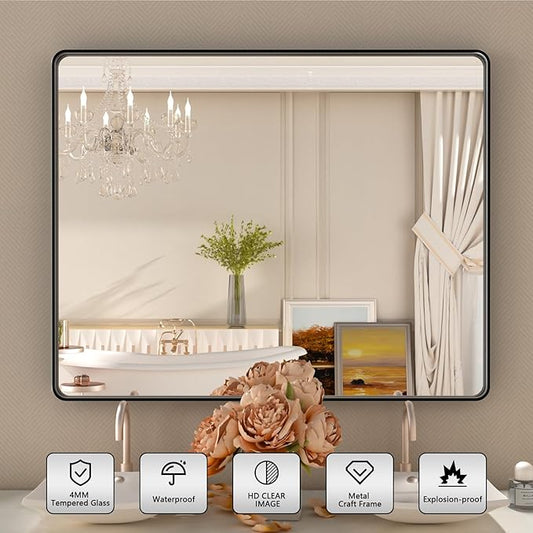 Black Wall Mirror for Bathroom 30x36 Inch,Matte Black Metal Framed Vanity Mirror,Tempered Glass,Anti-Rust,Horizontal or Vertical