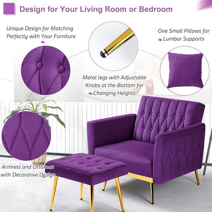 Velvet Accent Chair with Adjustable Armrests and Backrest, Button Tufted Lounge Chair, Single Recliner Armchair with Ottoman and Pillow for Living Room, Bedroom, Purpel