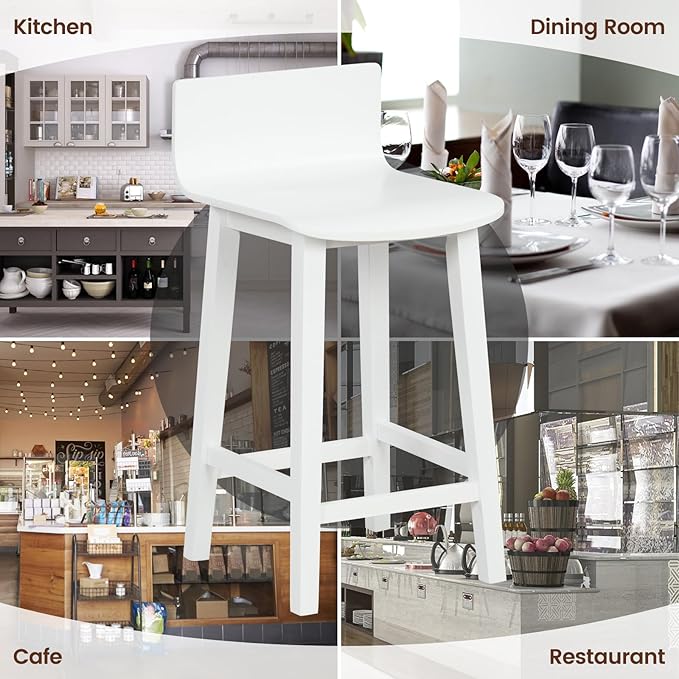 COSTWAY Solid Wood Bar Stools Set of 2, 24.5-inch Counter Height Chairs with Low Back and Footrest, Farmhouse Wooden Armless barstools for Kitchen Island, Dining Room, Cafe, Breakfast, White