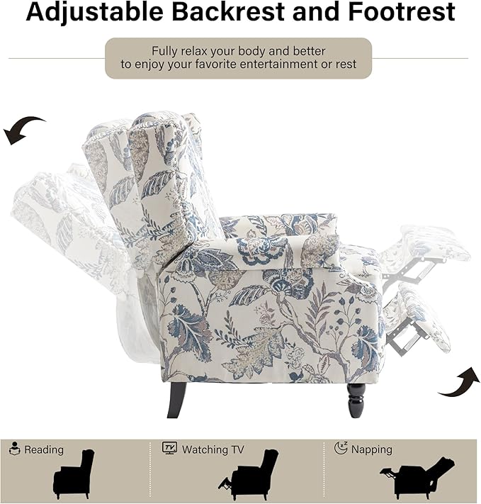 Recliner Chair, Upholstered Wingback Floral Pushback Armchair with Adjustable Backrest & Footrest, Comfy Accent Chair Reading Single Sofa for Small Spaces, Living Room, Bedroom (Plants Blue, Set of 1)
