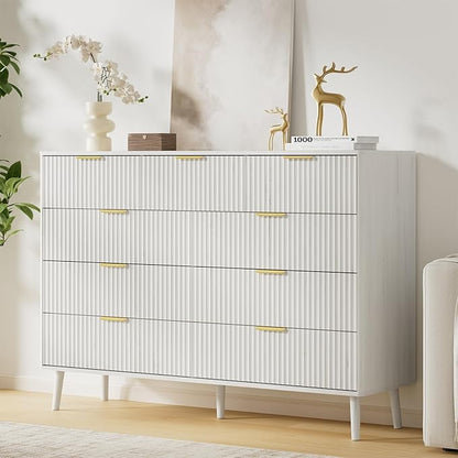 LYNSOM Fluted 9 Drawer Dresser for Bedroom, 55" Wide Modern Chest of Drawers with Curved Profile Design and Metal Handles, Wood Dresser TV Stand & Storage Organizer for Bedroom, Hallway, White