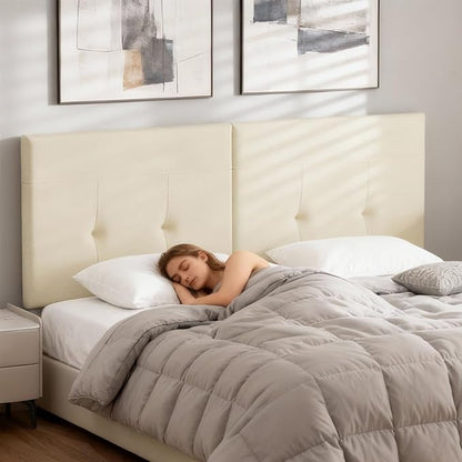 King Headboard Only with Adjustable Metal Legs, Faux Leather Upholstered Headboard King Size, Modern Stylish Headboard with Sunken Dot Design, Sturdy Bed Headboard for Bedroom, Beige