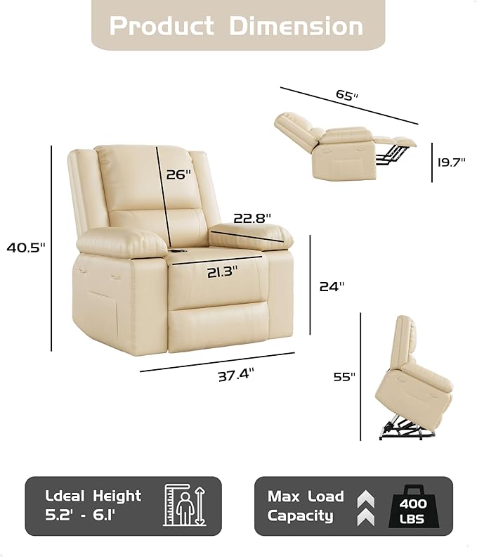 GarveeHome Power Lift Recliner Chair - Heat and Massage, Faux PU Electric Lift Recliner for Elderly & Mobility Impaired, Adjustable Back and Legs, Heavy Duty Lift Chair for Seniors