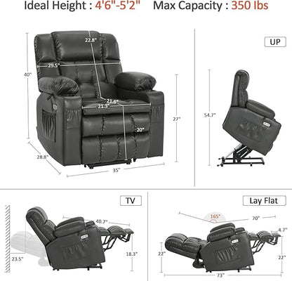 MCombo Dual Motor Small Power Lift Recliner Chair for Elderly, Lay Flat Lift Chair with Heat and Massage, Petite Lift Chair, Cup Holders, Faux Leather 7893 (Grey, Small)