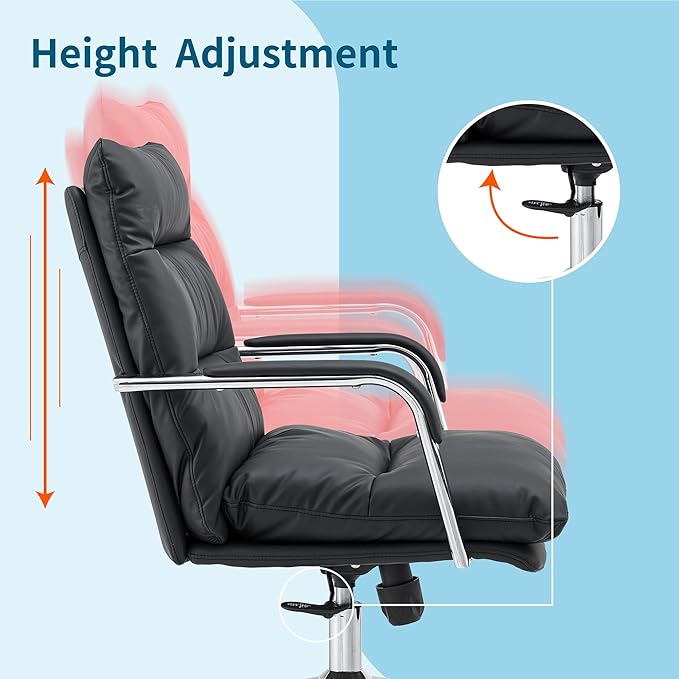 Leather Home Office Desk Chair, Executive Comfy Desk Chair with Support Armrests, Swivel Wheels, Height Adjustable, Mid Back, 360 Swivel, Computer Chair for Office Room, Black