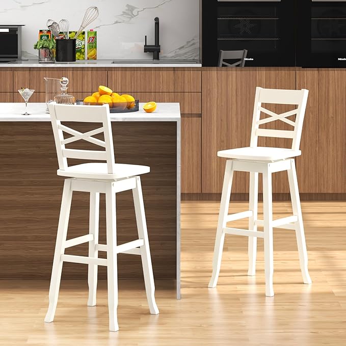 COSTWAY 30-Inch Bar Height Stool Set of 4, Rubber Wood Swivel Bar Stool with Inclined Backrest, Curved Seat & Footrest, Bar Chair for Kitchen Island & Pub (4, Cream)