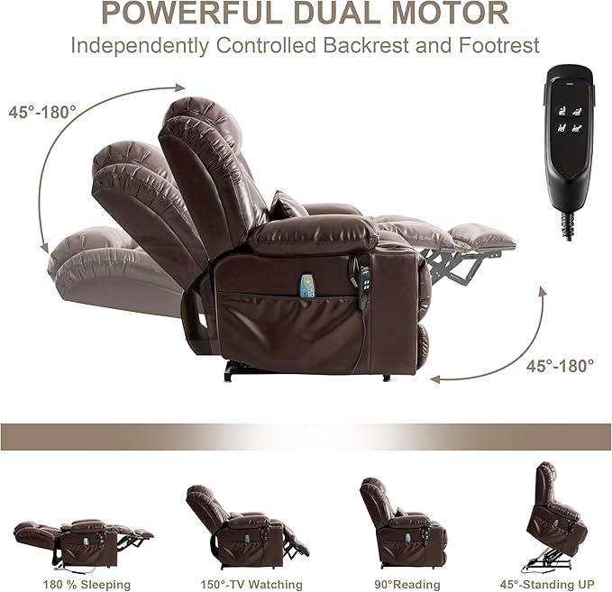 Dual Motor Large Power Lift Recliner Chair for Elderly with Heat and Massage,Lay Flat Lift Chairs Recliners for Seniors Infinite Position,USB Ports&Remote, Leather (Brown, Large)