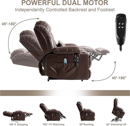 Dual Motor Large Power Lift Recliner Chair for Elderly with Heat and Massage,Lay Flat Lift Chairs Recliners for Seniors Infinite Position,USB Ports&Remote, Leather (Brown, Large)