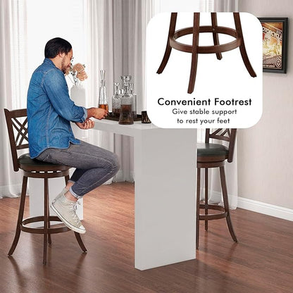 COSTWAY Bar Stool Set of 4 for Kitchen Island, Swivel Upholstered Bar Height Barstools with PU Surface, Rubber Wood Frame, 360° Rotatable Seat, Curved Back, Sturdy Footrest (4, 29" Seat Height)