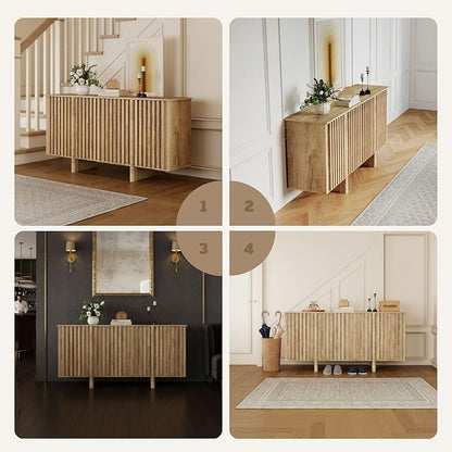 LukeAlon Fluted Sideboard Cabinet with Storage, 65" Farmhouse Accent Buffet Cabinet Credenza, Wooden Entryway Cabinets Long Console Table for Living Room Dining Room Hallway, Natural Wood Color