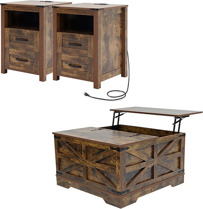 Farmhouse Coffee Table Set of 3, Lift Top Coffee Table with Sliding Barn Doors and Nightstands Set of 2 with Charging Station, Living Room Table Set for Home Office, Brown