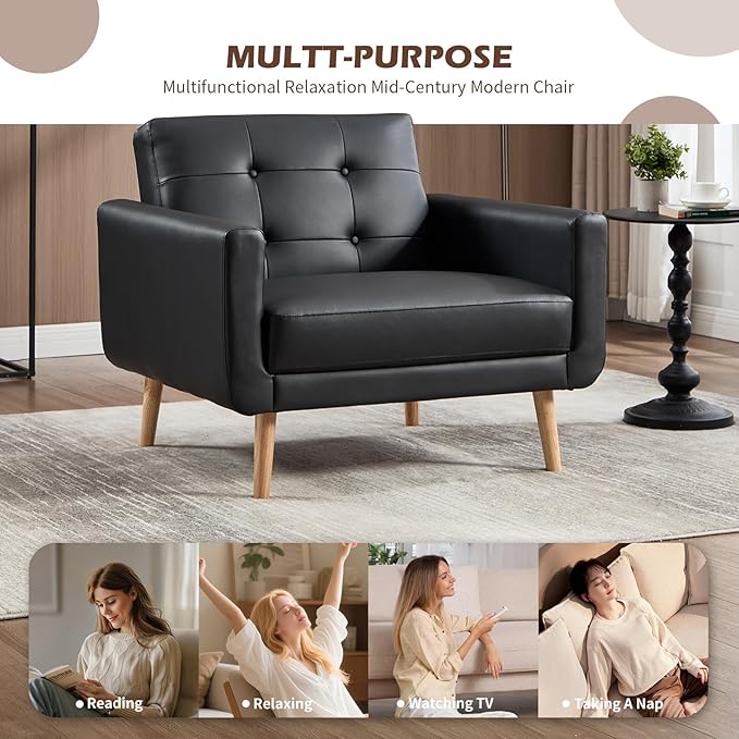 CANMOV 29" W Oversized Leather Accent Chair, Armchair Button Back, Mid Century Modern Accent Chairs for Living Room, Modern Upholstered Bed Room Chair Cozy Armchair with Wood Legs, Black