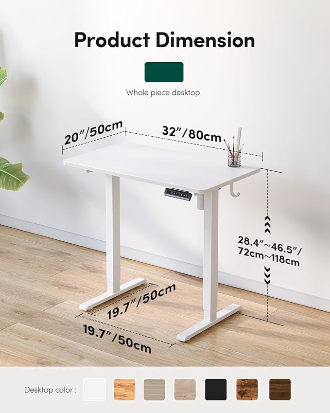 FEZIBO One-Piece Standing Desk Adjustable Height Stand up Home Office Desk, 32x20 Inch Electric Standing Computer Desk, with 4 Memory Presets, Headphone Hook, White