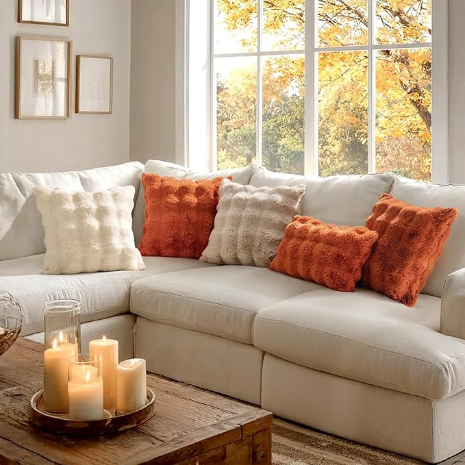 MIULEE Faux Fur Pillow Covers Thick Soft Plush Throw Pillows Luxury Home Decor for Fall Couch Bed Bedroom Living Room Sofa,18x18 Inch Pack of 2 Rust