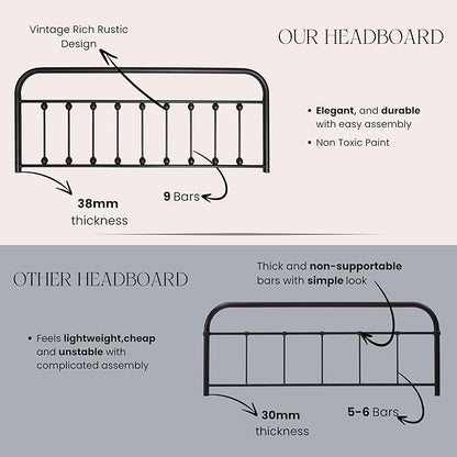 Vintage Metal Headboards, Adjustable Height Iron Frame, Farmhouse Rustic Style, Elegant and Durable Design, Easy Assembly, Universal Fit for Kids & Adults, Queen Size, Black Finish