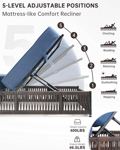 Luxury Outdoor Chaise Lounge Chairs of 2 with 5 Inch Thick Cushions and Side Table - 3 PCS High Back Brown Wicker Patio Recliners Lounger Furniture Set for Poolside Sunbathing - Navy Blue