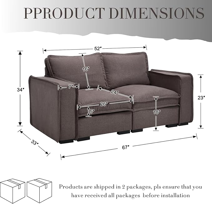 Modern Sectional Sofa for Living Room, Upholstered 2-Seater Modular Couches Linen Fabric Love Seat for Home Furniture, Grey