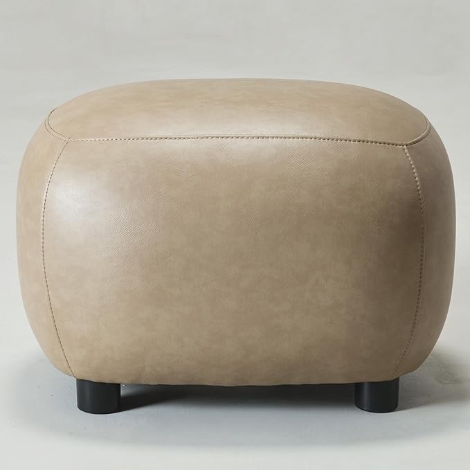 KINWELL 23" Wide Faux Leather Upholstered Ottoman, Mid-Century Modern Living Room Footrest with Soft Padded Seat, Footstool for Bedroom, Entryway or Living Room, Khaki