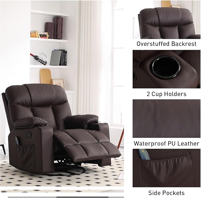 Bonzy Home Swivel Rocker Recliner with Heating and Massage, 40" Manual Rocker Recliner Chair, PU Leather Single Sofa with 2 Cup Holders for Living Room Bedroom, Brown