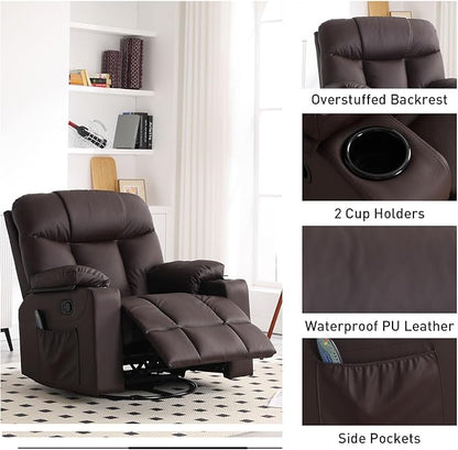 Bonzy Home Swivel Rocker Recliner with Heating and Massage, 40" Manual Rocker Recliner Chair, PU Leather Single Sofa with 2 Cup Holders for Living Room Bedroom, Brown